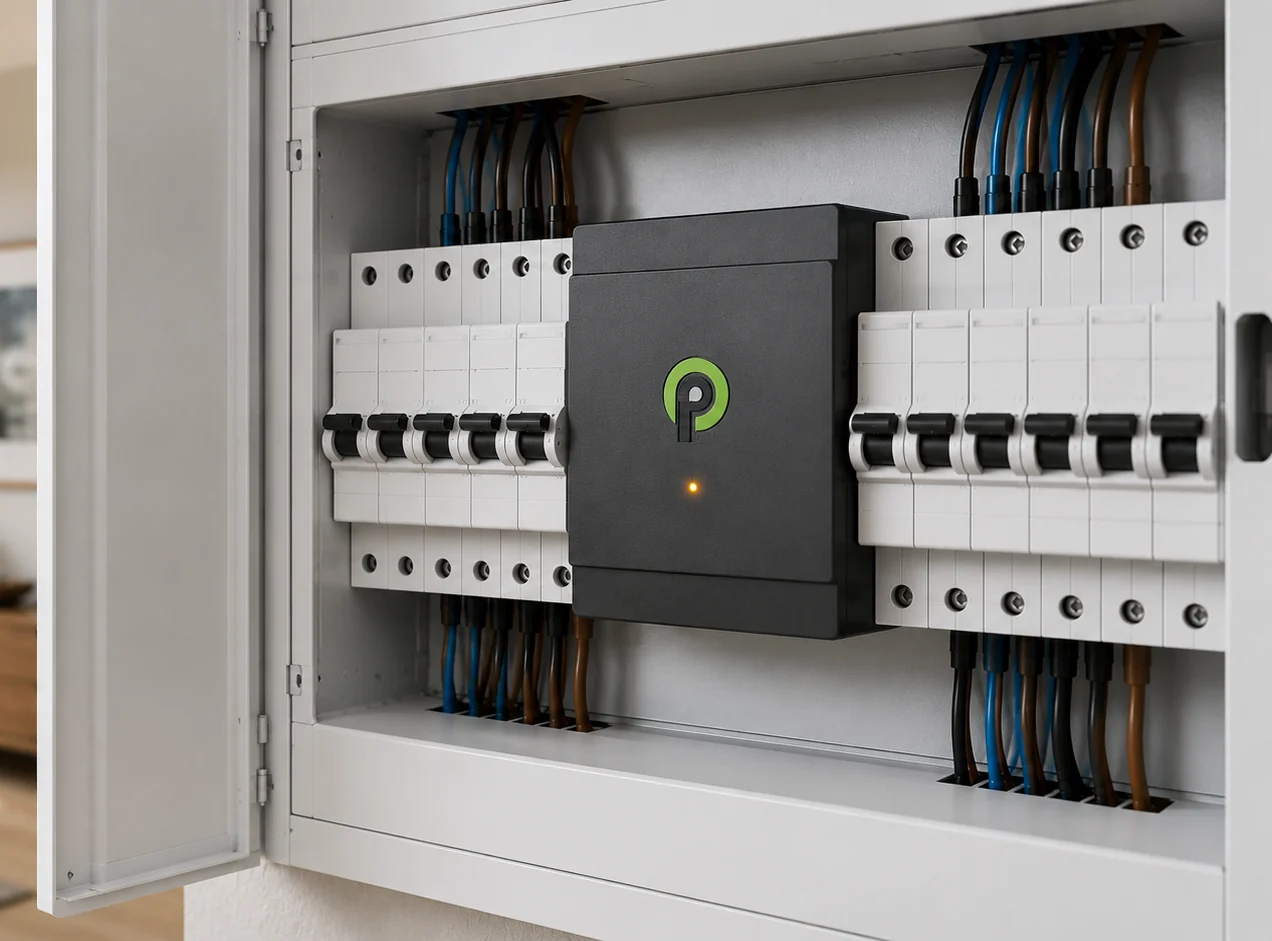 Le boîtier Pilowatt installé au centre du tableau électrique, entre les disjoncteurs.