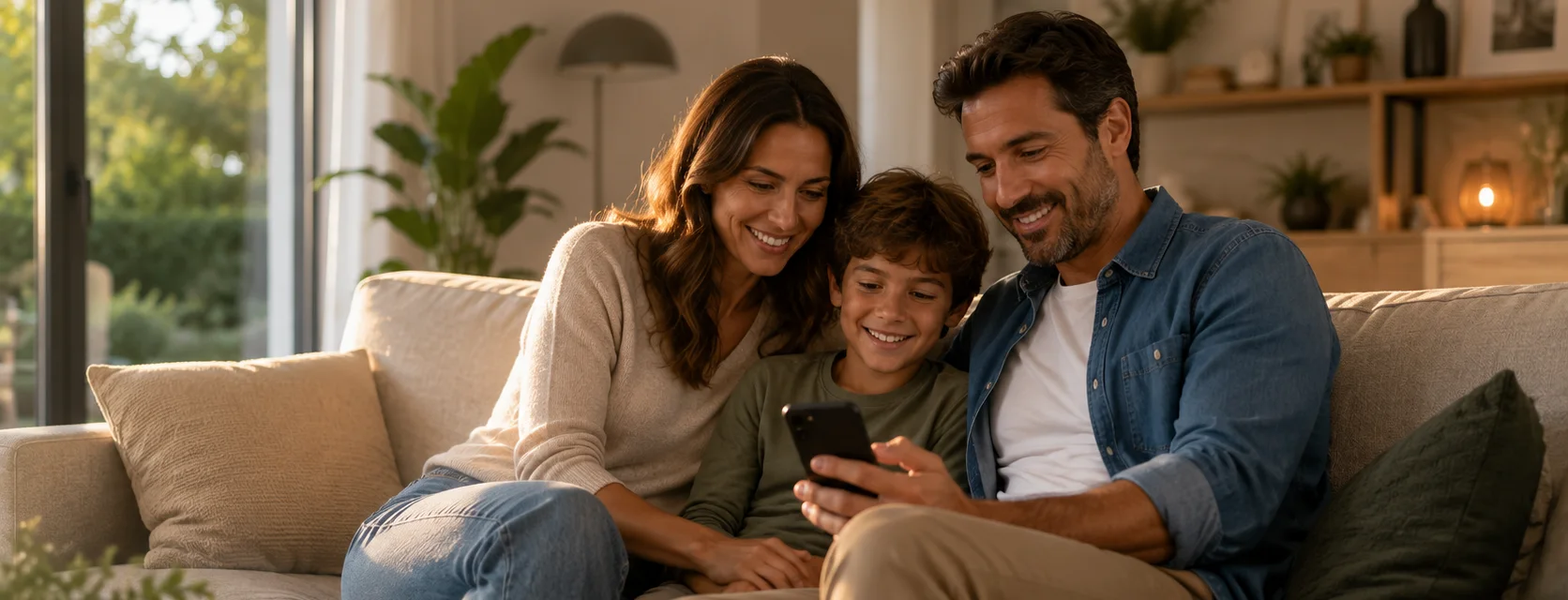 Une famille sur le canapé regarde ensemble l'appli Pilowatt sur le téléphone.